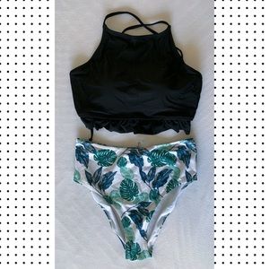 Two piece bikini, halter top, bottoms monsteras